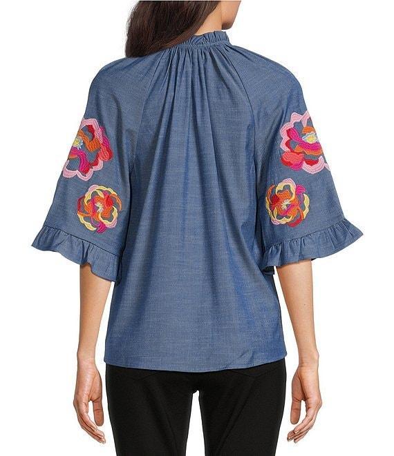Calessa Burnout Embroidery Detail Split Round Neck 3/4 Sleeve Stretch Knit Top Product Image