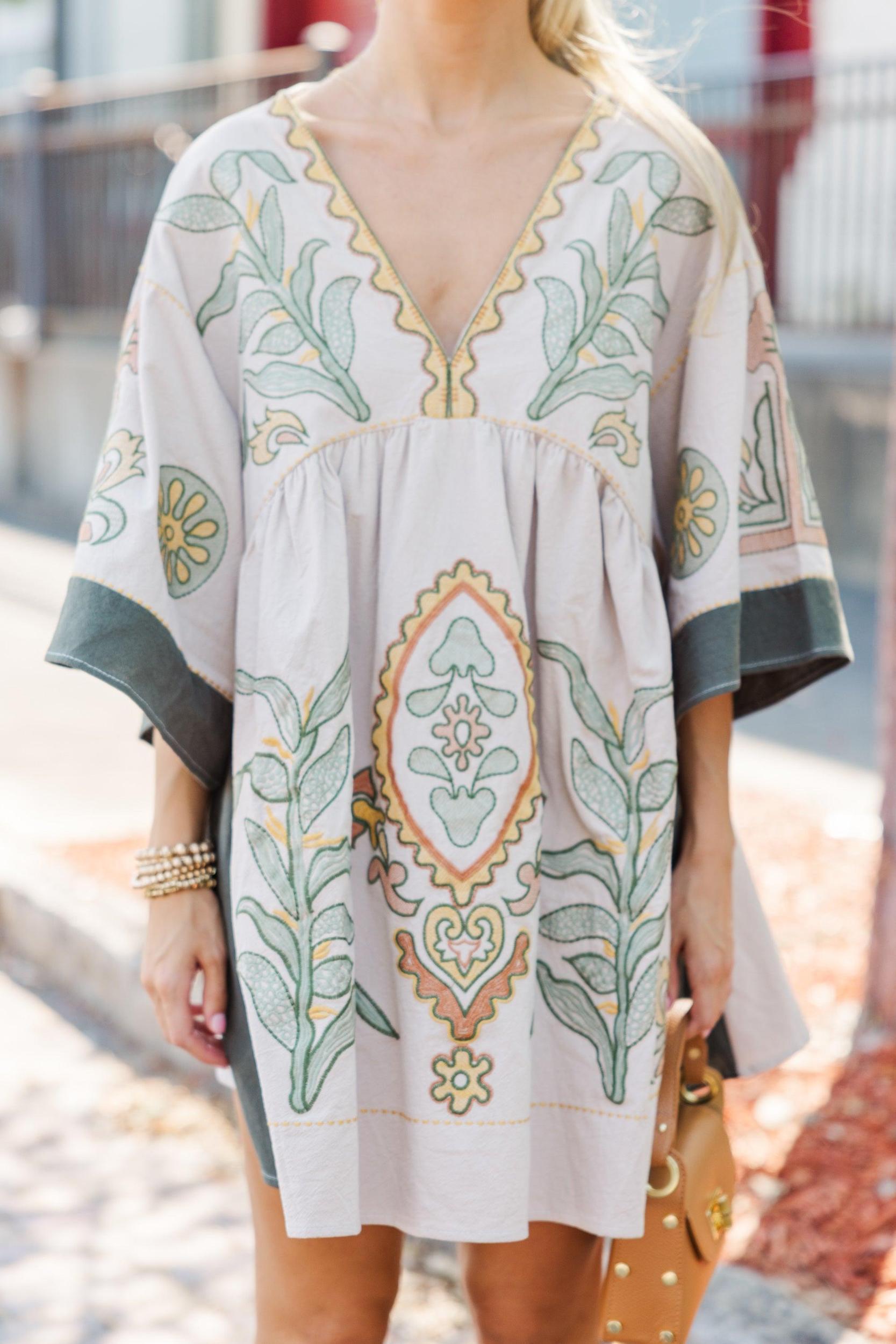 Just My Type Beige Floral Embroidery Babydoll Dress Female Product Image
