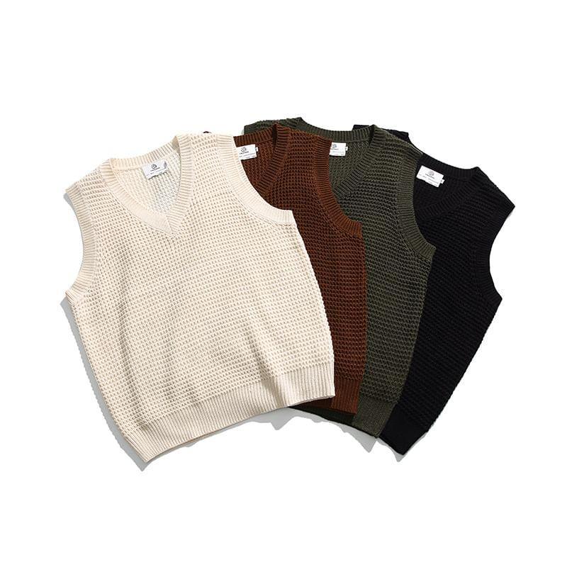 V-Neck Plain Knit Sweater Vest Product Image