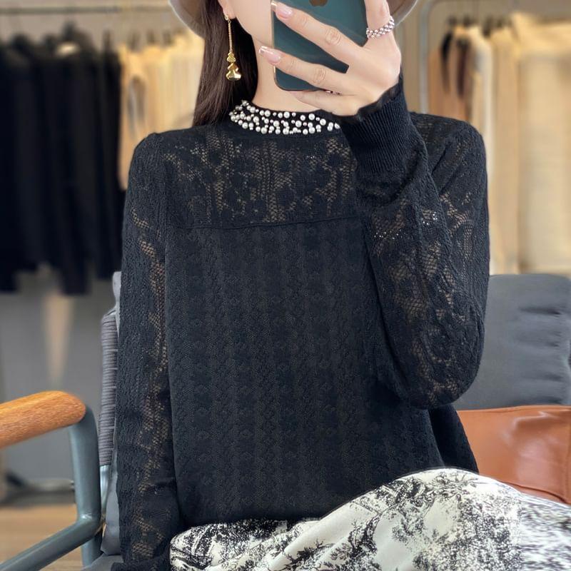 Long Sleeve Mock Neck Plain Beaded Knit Top Product Image