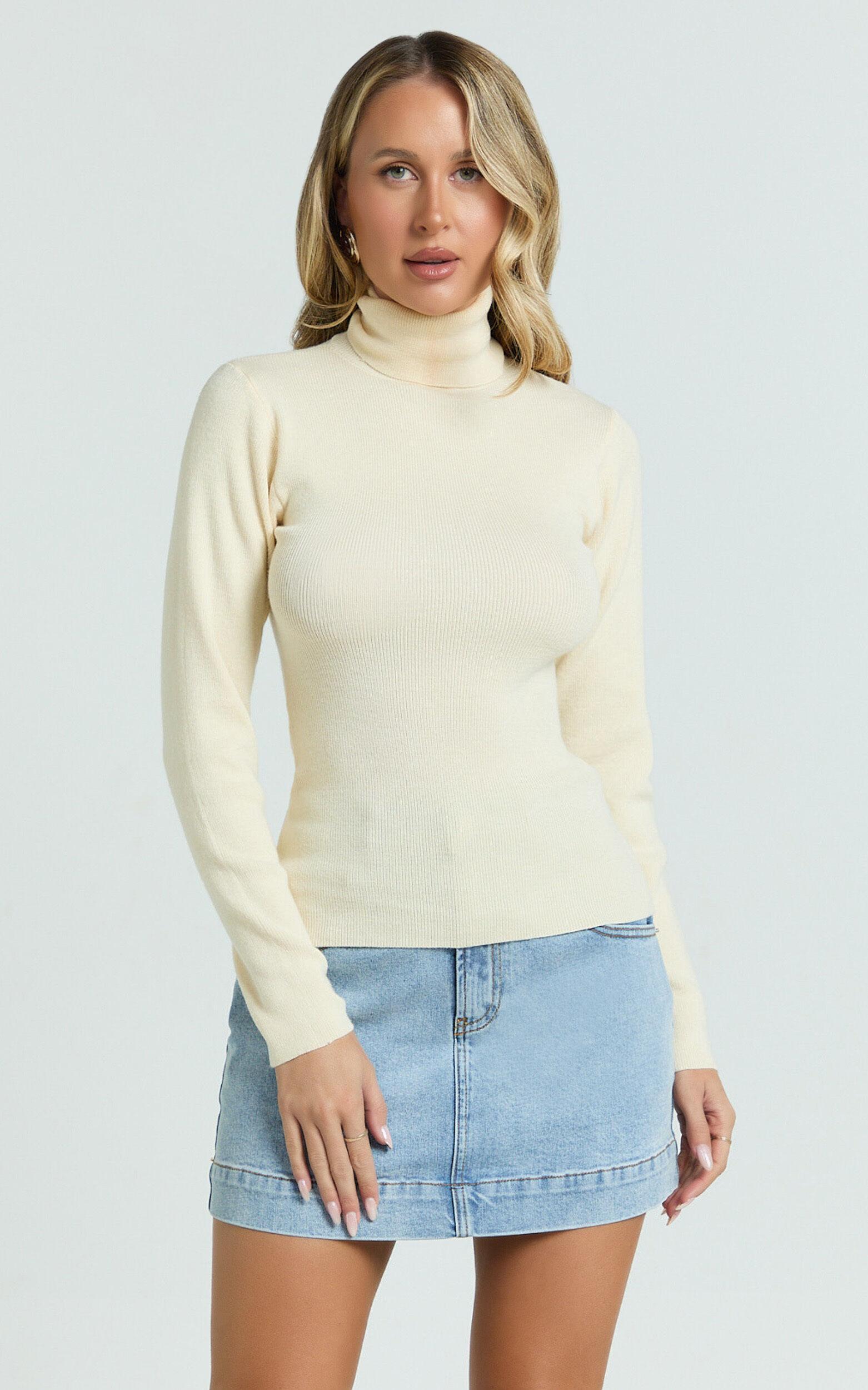 Natalie Top - Long Sleeve Roll Neck Knitted Top in Cream Product Image