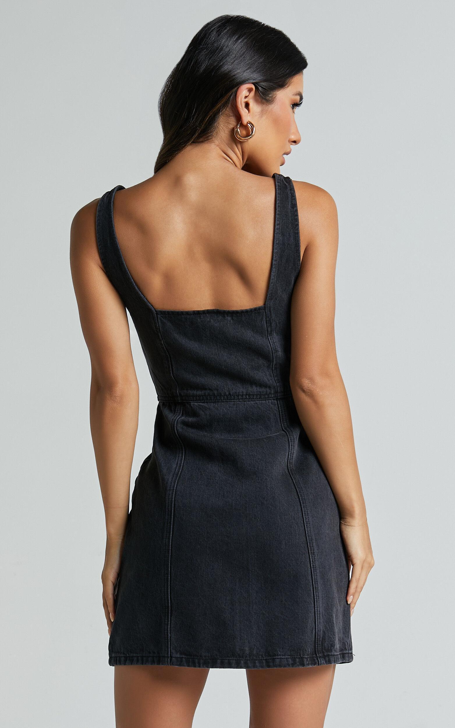 Chrysoula Mini Dress - Square Neck Zip Front Sleeveless Bodycon Denim in Washed Black Product Image