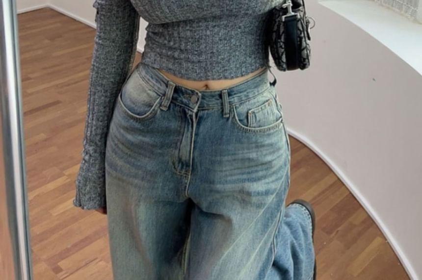 Lace-Up Long-Sleeve Off-Shoulder Crop Top Product Image