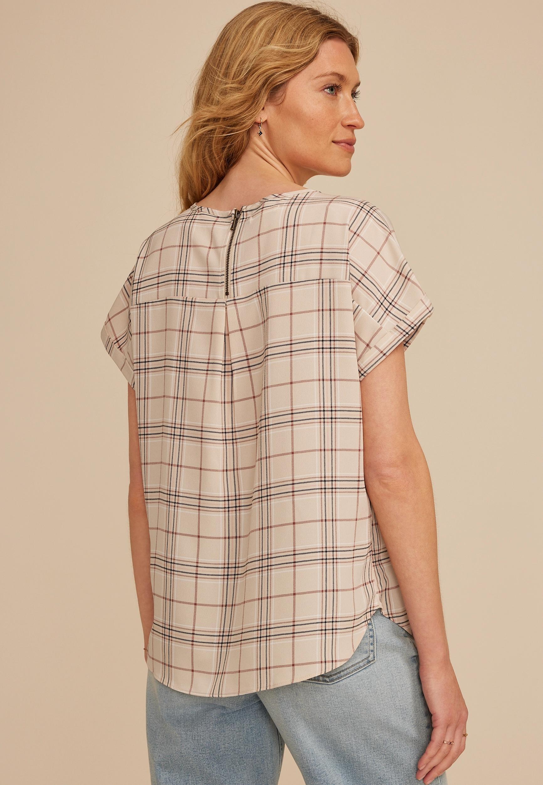 Delton Plaid Zipper Back Blouse Product Image