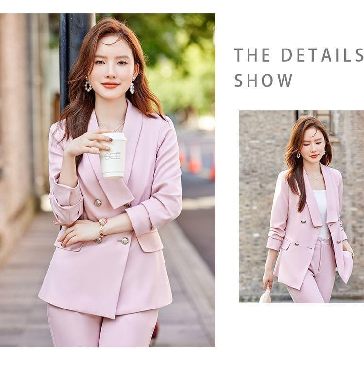 Lapelled Plain Double Breasted Blazer / High Waist Cropped Straight Leg Dress Pants / Set Product Image