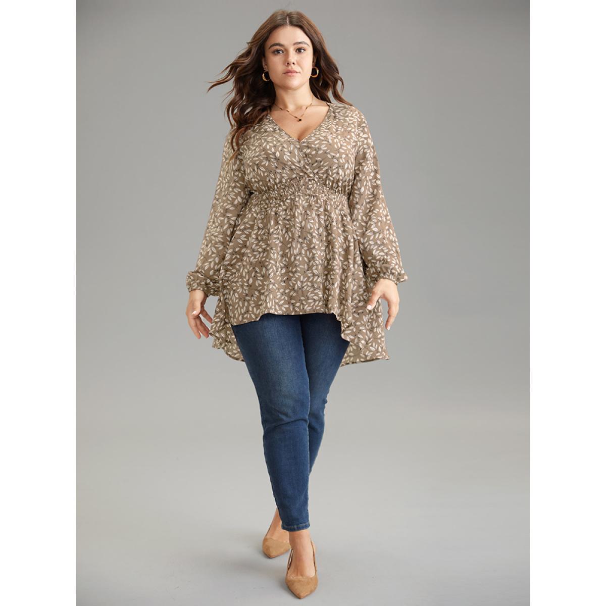 Plus Size Apricot Ditsy Floral Shirred Elastic Waist High Low Hem Blouse Women Elegant Long Sleeve V-neck Everyday Blouses BloomChic 26/4X Product Image