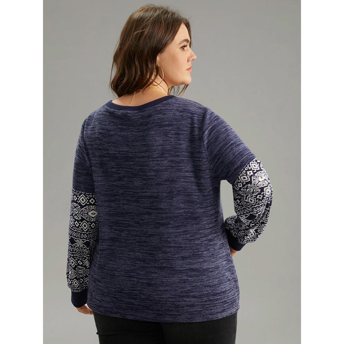 Plus Size Boho Print Patchwork Heather Rib Knit Sweatshirt Women Navy Casual Non Round Neck Everyday Sweatshirts BloomChic 26/4X Product Image