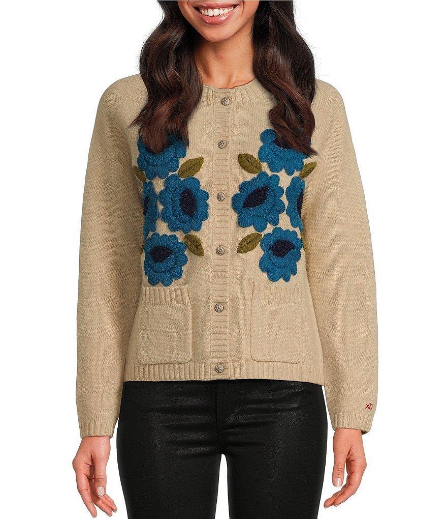 FRANCES VALENTINE Wool Floral Embroidered Bouquet Crew Neck Long Sleeve Cardigan Product Image