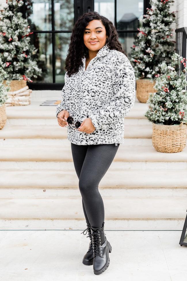 Too Much Fun Fuzzy Black And Ivory Leopard Print Quarter Zip FINAL SALE Product Image