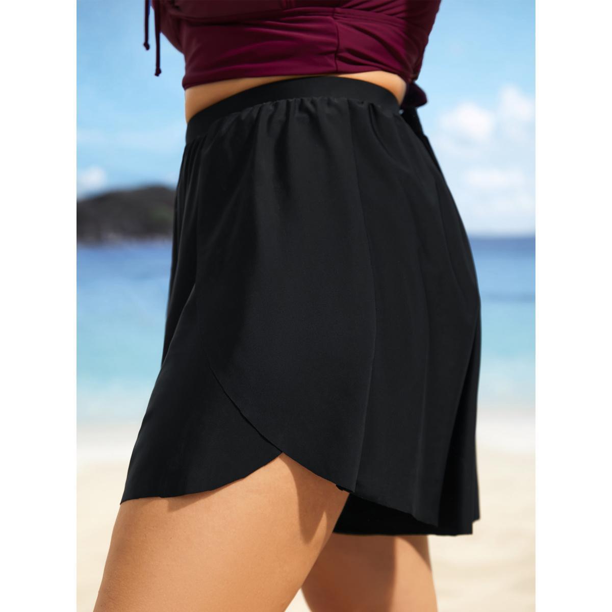 Plus Size Solid High Rise Overlapped Hem Swim Bottom Women's Swimwear Black Beach Overlapping High stretch Bodycon High Rise Curve Swim Bottoms BloomChic 28/5X Product Image