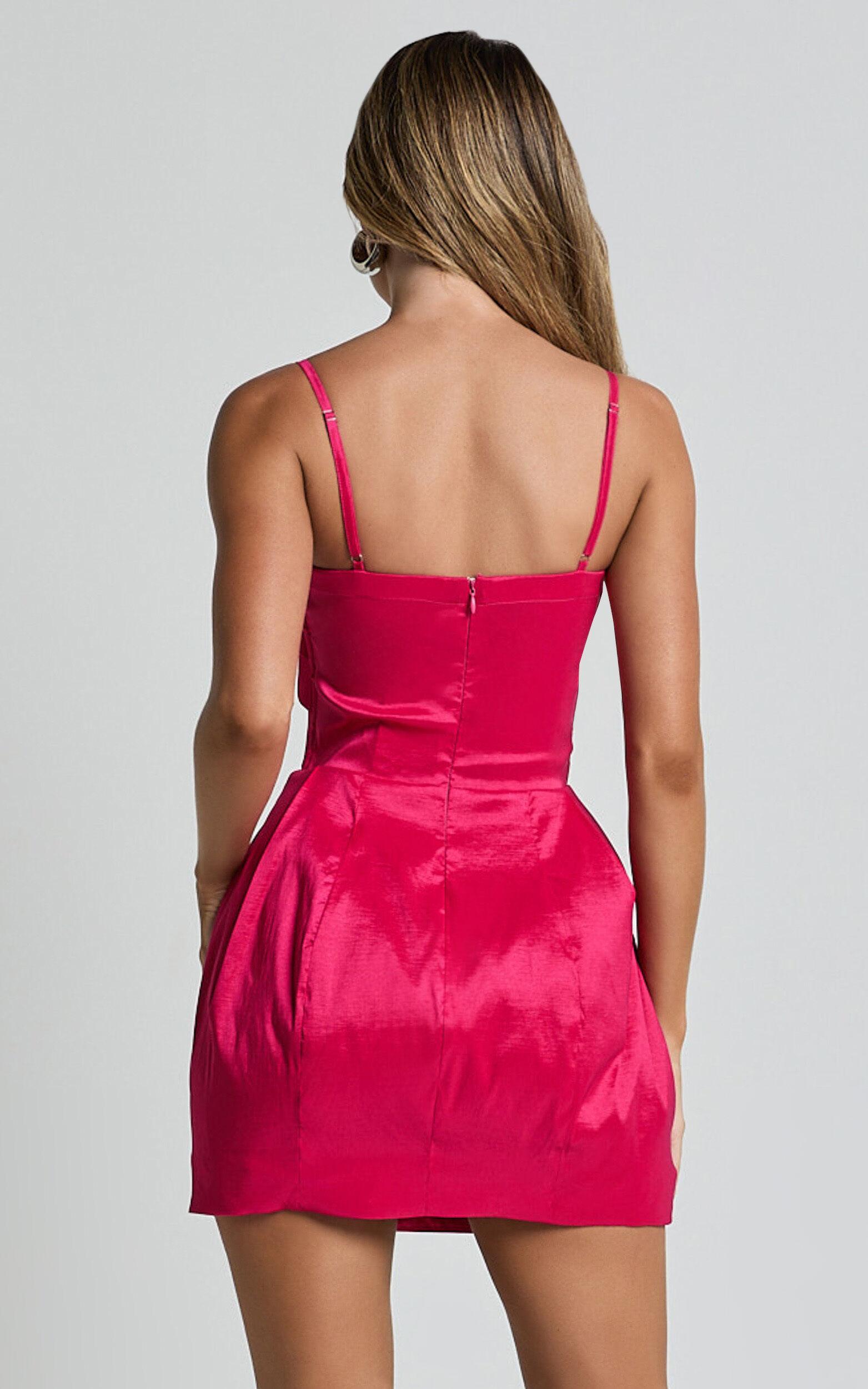Amberle Mini Dress - Strappy Rosette Detail Bodice Dress in Raspberry Product Image