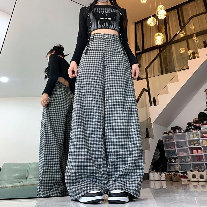 High Waist Plaid Wide Leg Pants Product Image