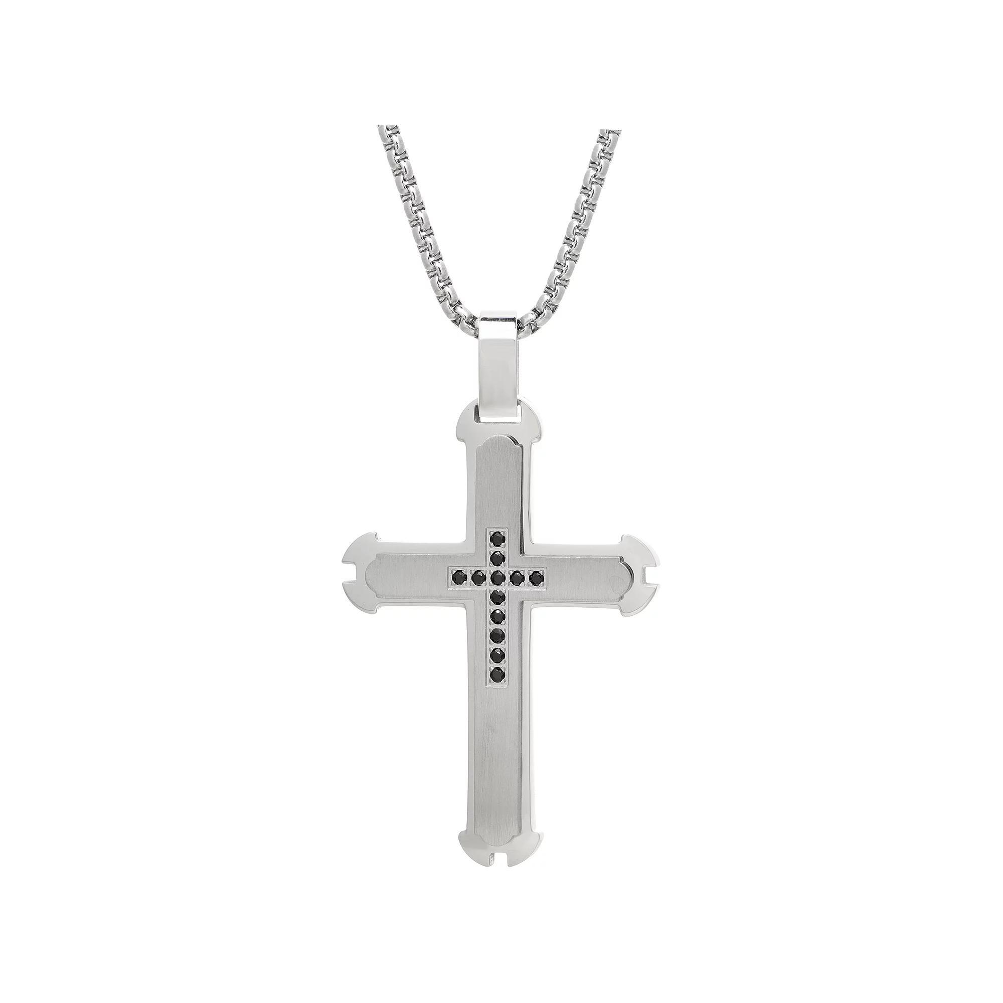 Men's LYNX Stainless Steel Black Cubic Zirconia Cross Pendant Necklace, Size: 24" Product Image