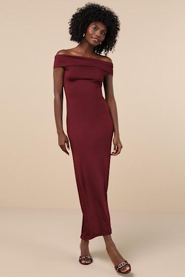 Clara Plum Purple Off-the-Shoulder Column Dress Product Image