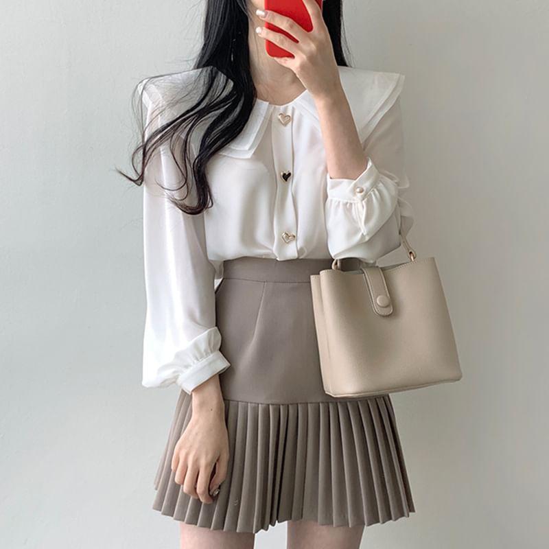 Long-Sleeve Plain Heart Button Blouse / High Waist Accordion Pleated Mini A-Line Skirt Product Image