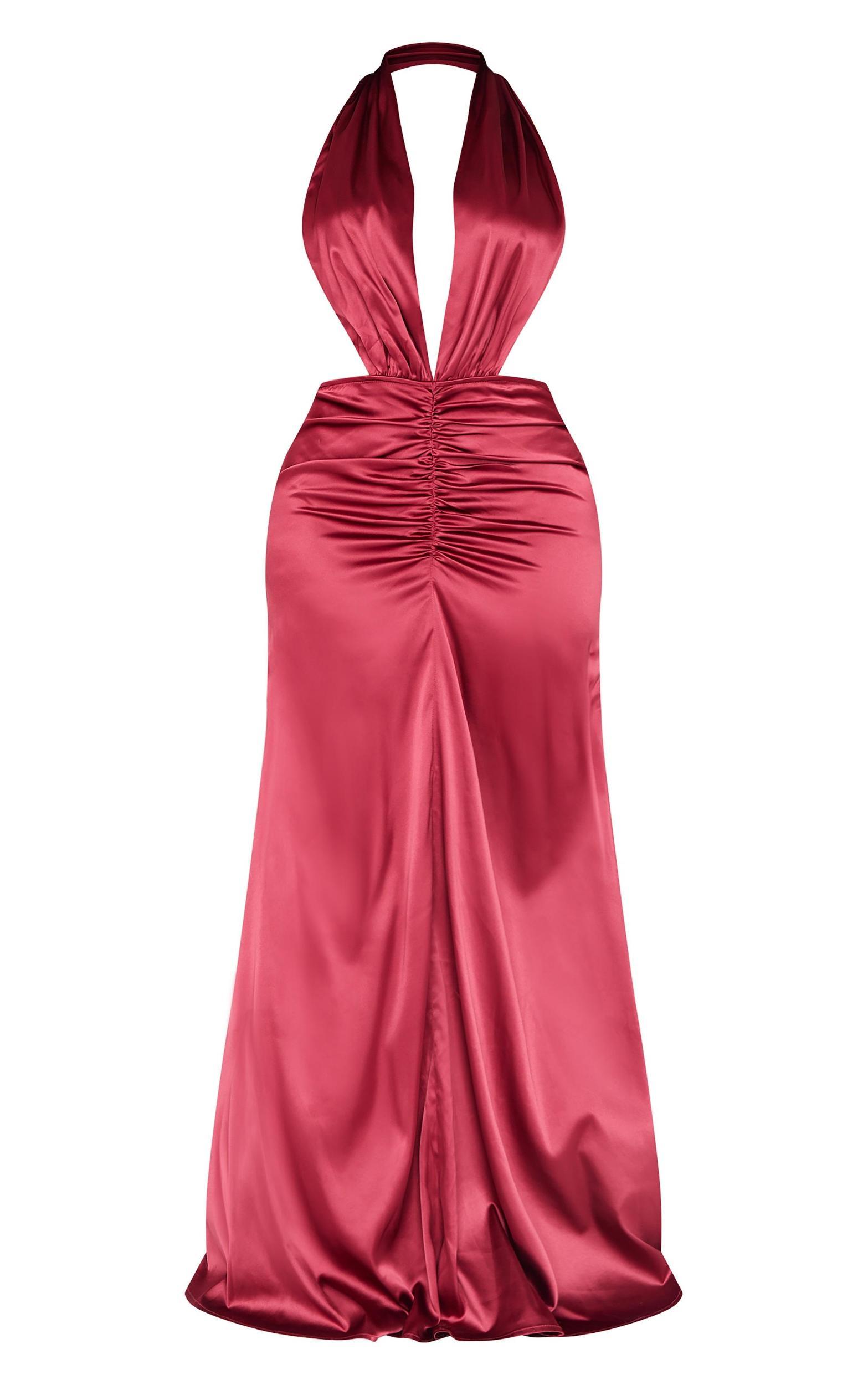 Shape Burgundy Satin Halter Neck Deep Plunge Front Ruched Waist Maxi Fishtail Dress Product Image