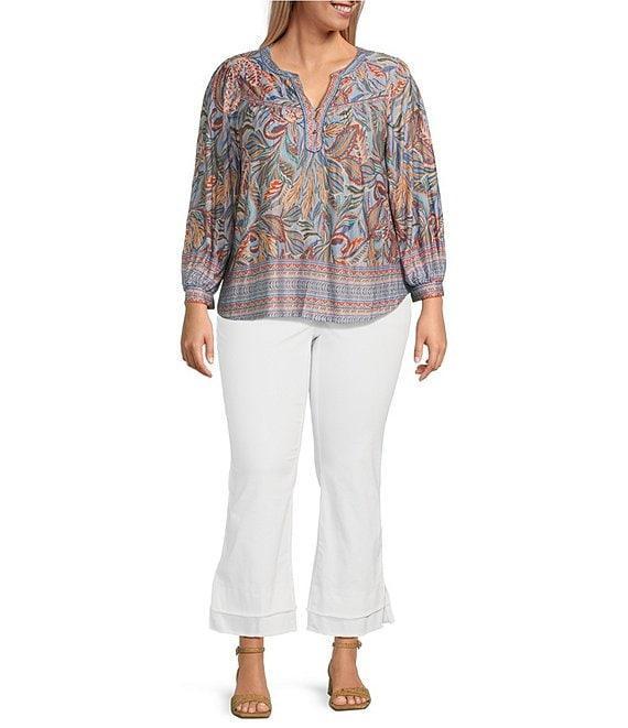 Democracy Plus Size Knit Tropical Palm Border Print Split V-Neck Long Sleeve Shirttail Hem Top Product Image
