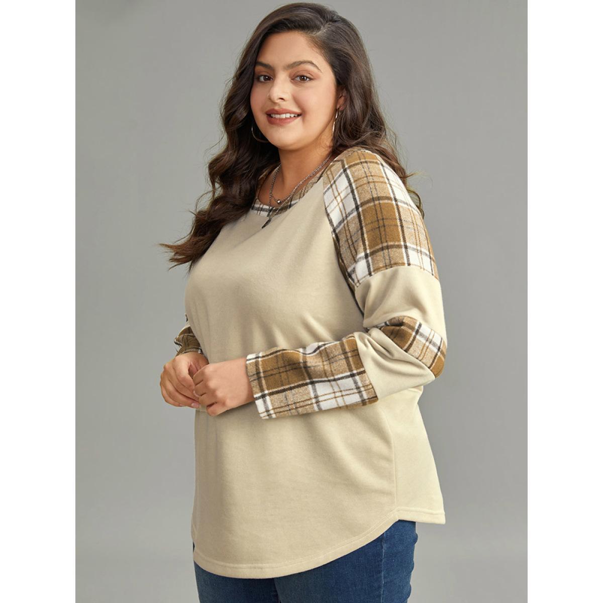 Plus Size Plaid Patchwork Raglan Sleeve Sweatshirt Women Champagne Casual Thick Round Neck Dailywear Sweatshirts BloomChic 18-20/2X Product Image