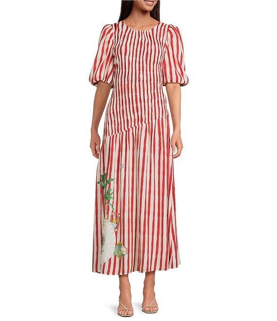 Never Fully Dressed Nara Stripe Print Crew Neck Short Puff Sleeves Maxi Dress Product Image