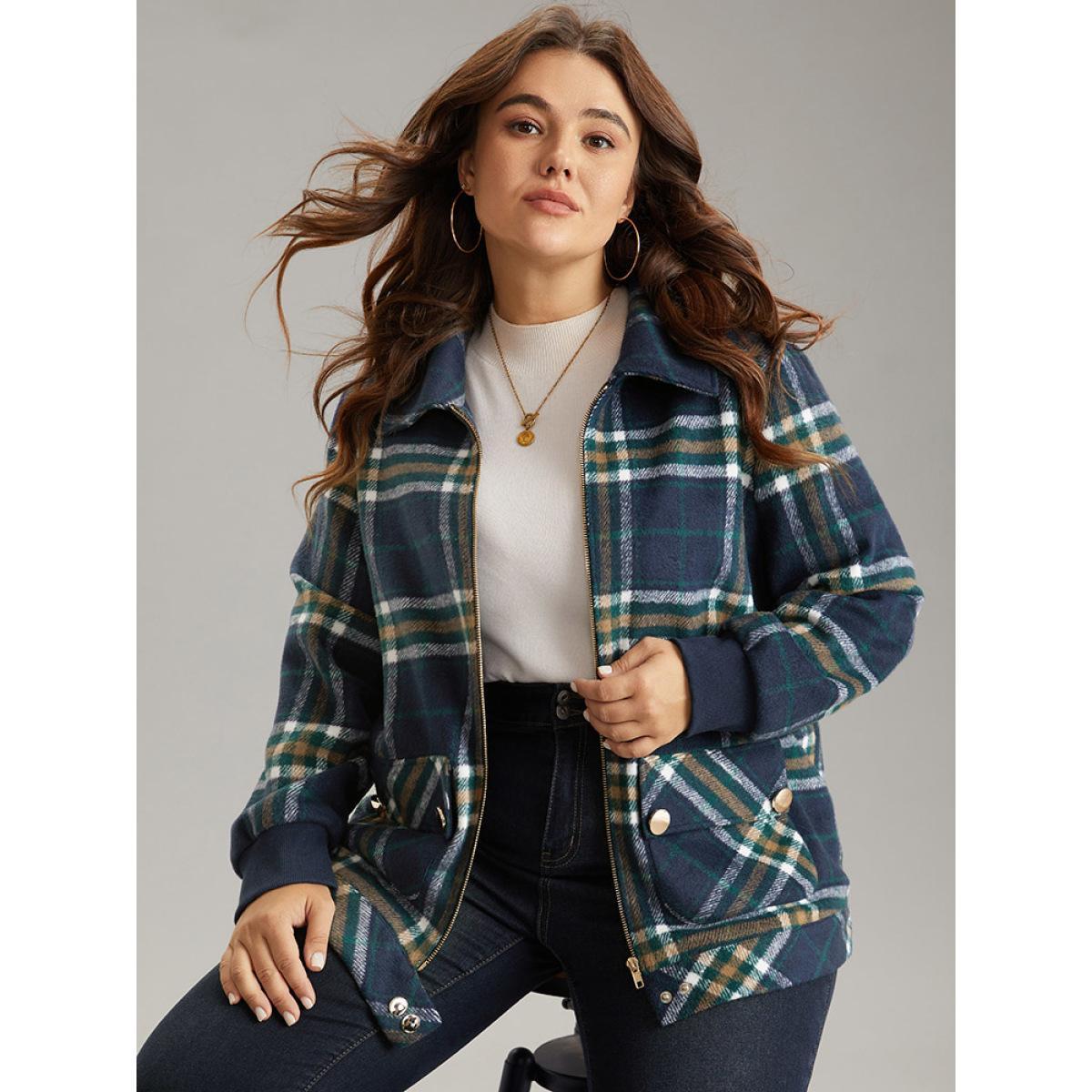 Plus Size Plaid Button Detail Pocket Zipper Jacket Women Multicolor Zipper Pocket Dailywear Jackets BloomChic 14-16/1X Product Image
