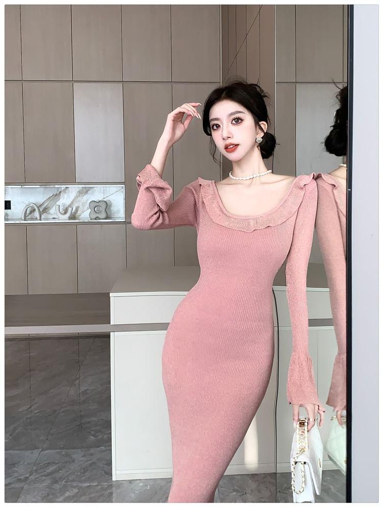 Long Sleeve Scoop Neck Plain Ruffle Knit Maxi Sheath Dress Product Image