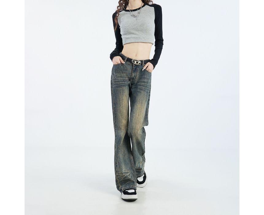 Mid Rise Fringed Washed Bootcut Jeans (Various Designs) Product Image