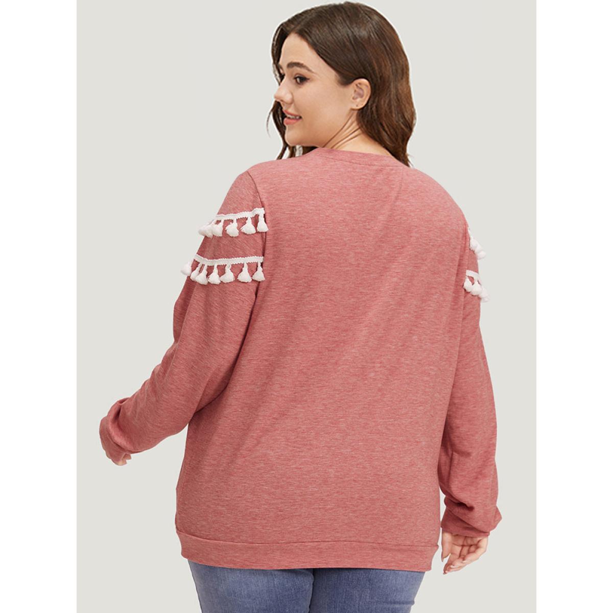 Plus Size plain Heather Crew Neck Tassel Trim Sweatshirt Women Russet Elegant Elastic cuffs Round Neck Dailywear Sweatshirts BloomChic 30/6X Product Image