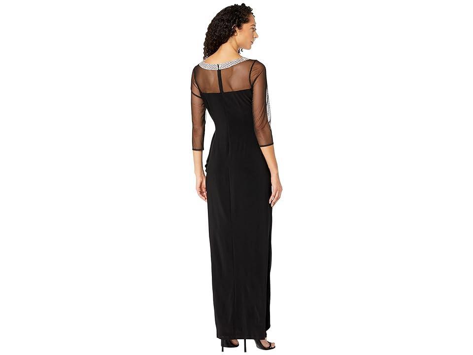 Alex Evenings Illusion Mesh 34 Sleeve Round Neck Side Slit Ruched Gown Product Image