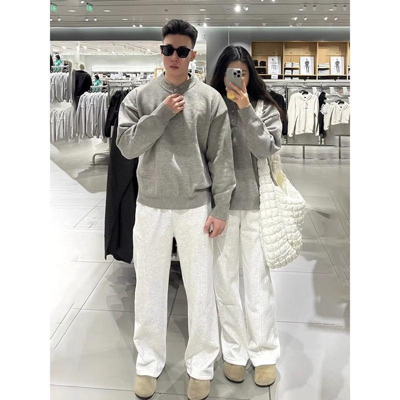 Couple Matching Drawstring Waist Plain Wide Leg Sweatpants Product Image