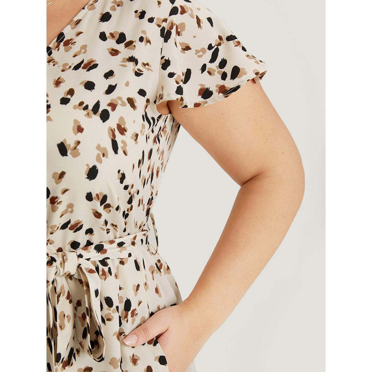 Plus Size Allover Print Belted Ruffles Asymmetrical Layered Hem Dress Apricot Women Elegant Gathered V-neck Cap Sleeve Curvy Knee Dress BloomChic 14-16/1X Product Image