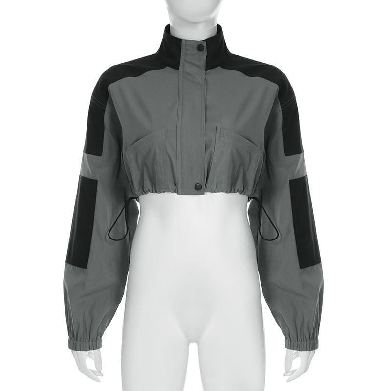 Stand Collar Two Tone Drawstring Hem Zip-Up Crop Jacket Product Image