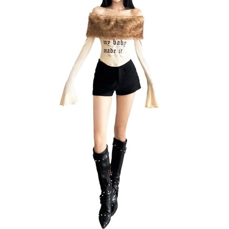 Long-Sleeve Off-Shoulder Lettering Print Fluffy Panel Slim Fit Crop Tee Product Image