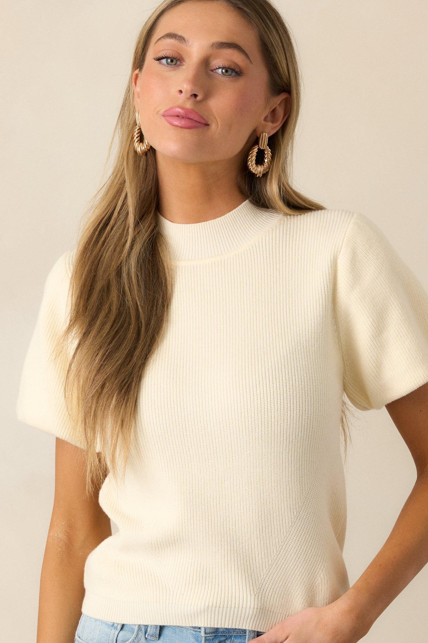Busy Morning Ivory Short Sleeve Knit Top Product Image