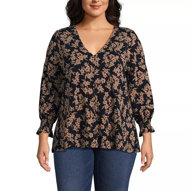 Plus Size Lands' End 3/4 Sleeve Lightweight Jersey Button Front Top, Women's, Size: 1XL, Deep  Blue Bloom Product Image