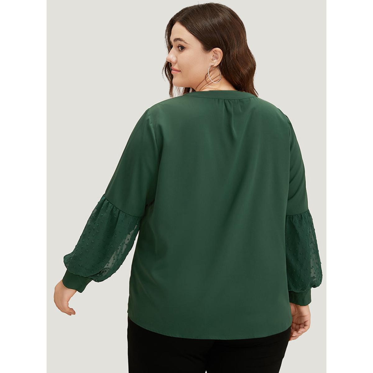 Plus Size DarkGreen Knot Neck Lace Patchwork Lantern Sleeve Blouse Women Office Long Sleeve Tie Neck Work Blouses BloomChic 14-16/1X Product Image