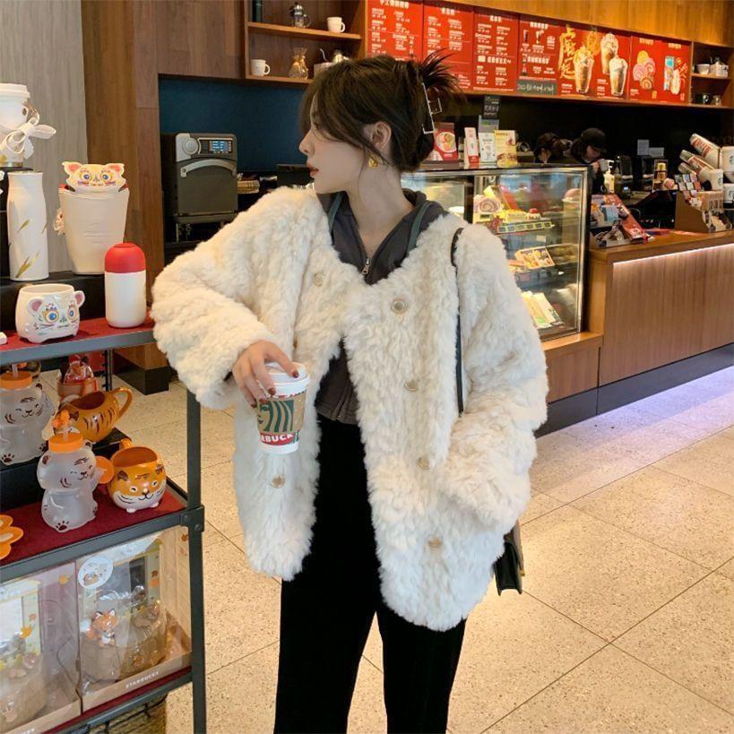 Round Neck Plain Faux Fur Double Breasted Jacket Product Image
