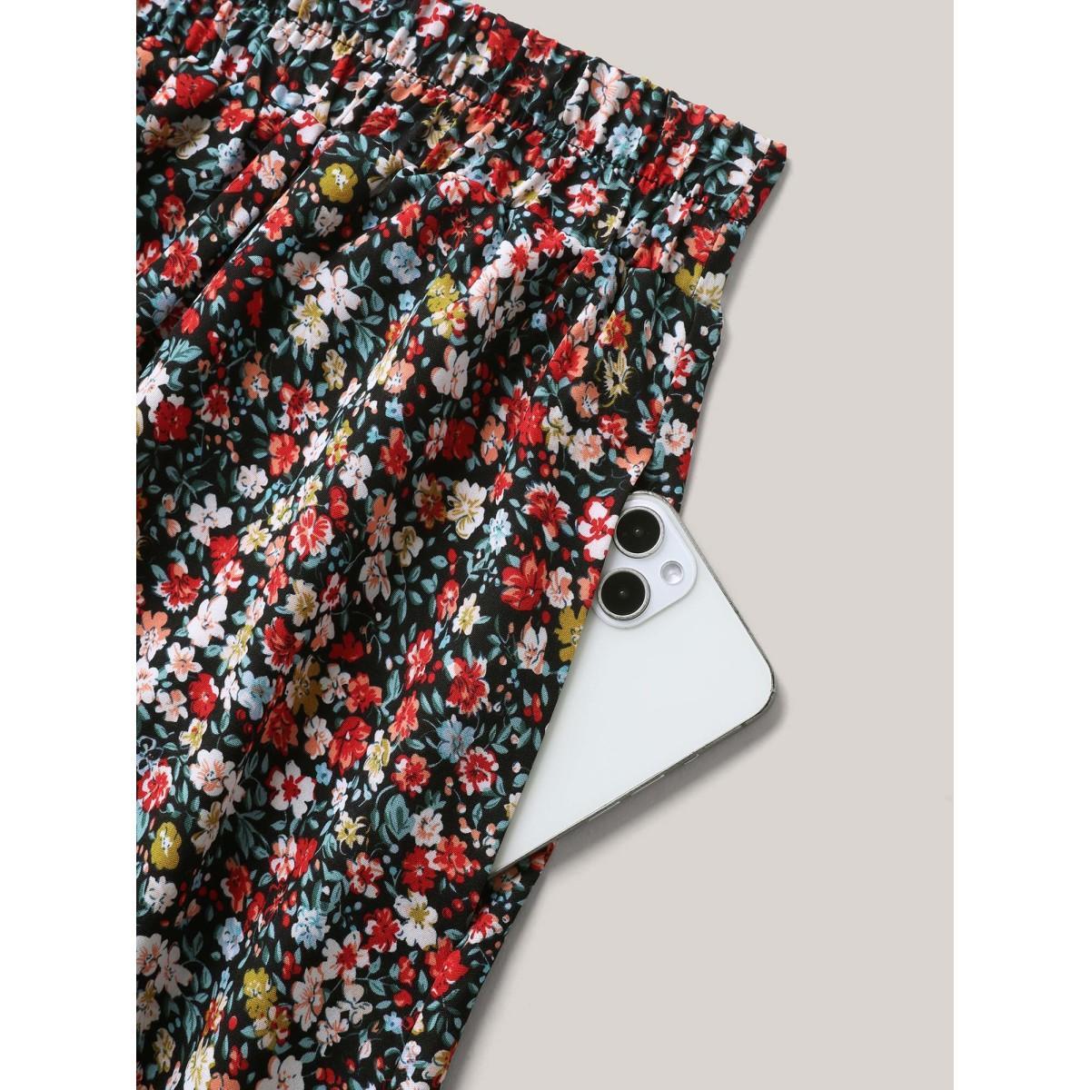 Plus Size Floral Print Stretchy Smocked Waist Mini Skirt Women Multicolor Elegant Gathered Low stretch Side seam pocket Everyday Skirts BloomChic 22-24/3X Product Image