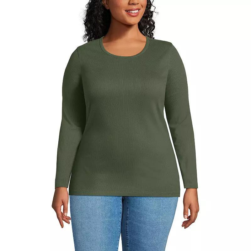 Plus Size Lands' End Long Sleeve Micro Rib Crewneck Top, Women's, Size: 2XL, White Product Image