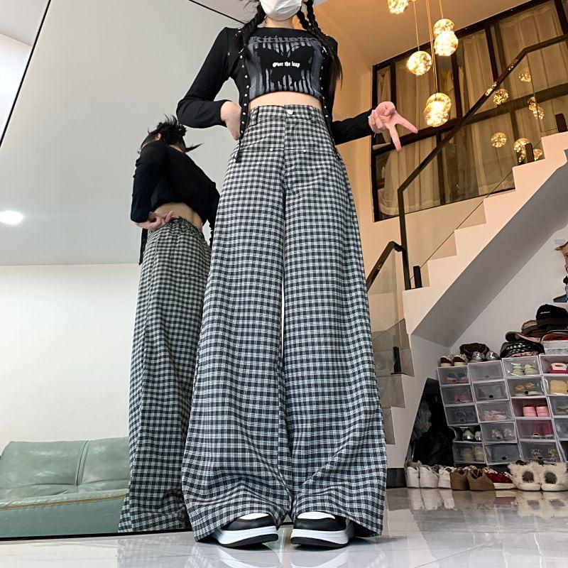 High Waist Plaid Wide Leg Pants Product Image