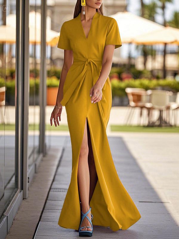 Bodycon Short Sleeves Solid Color Split-Front Tied Waist V-Neck Maxi Dresses Product Image