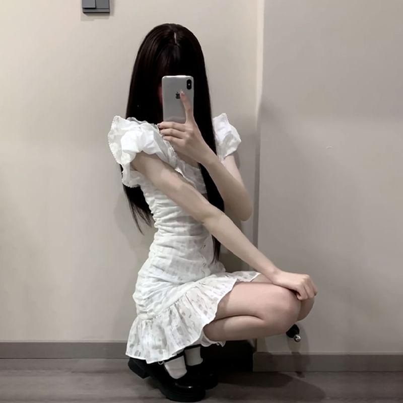 Puff-Sleeve Patterned Button-Up Mini A-Line Dress Product Image