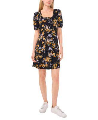 CeCe Womens Floral Puff-Sleeve Square-Neck Knit Dress Product Image