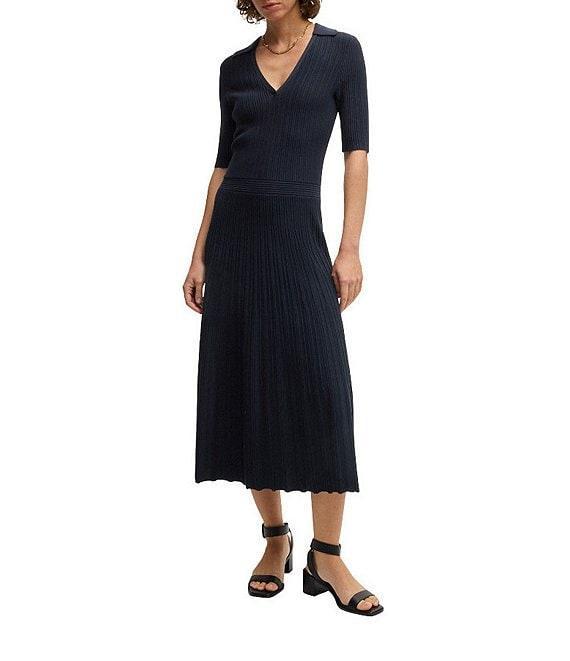 BOSS By Hugo Boss Fracie Ribbed Knit V-Neck Elbow Sleeve Fit-And-Flare Midi Dress Product Image
