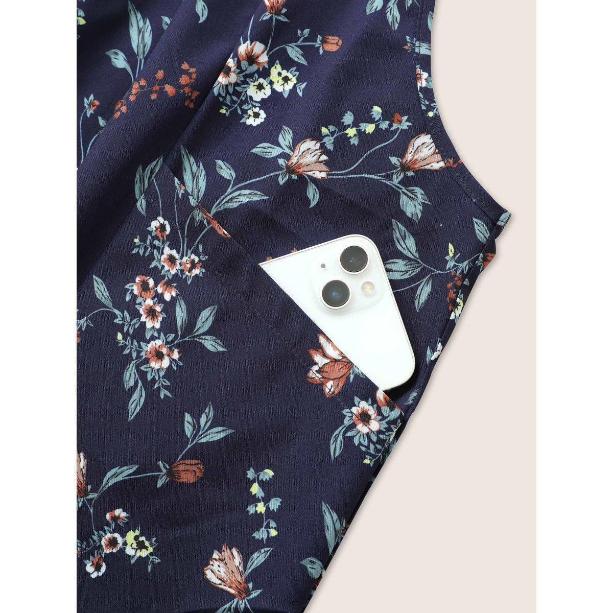 Plus Size Indigo Ditsy Floral Pleated Ties Spaghetti Strap Jumpsuit Women Casual Sleeveless Spaghetti Strap Everyday Loose Jumpsuits BloomChic 28/5X Product Image