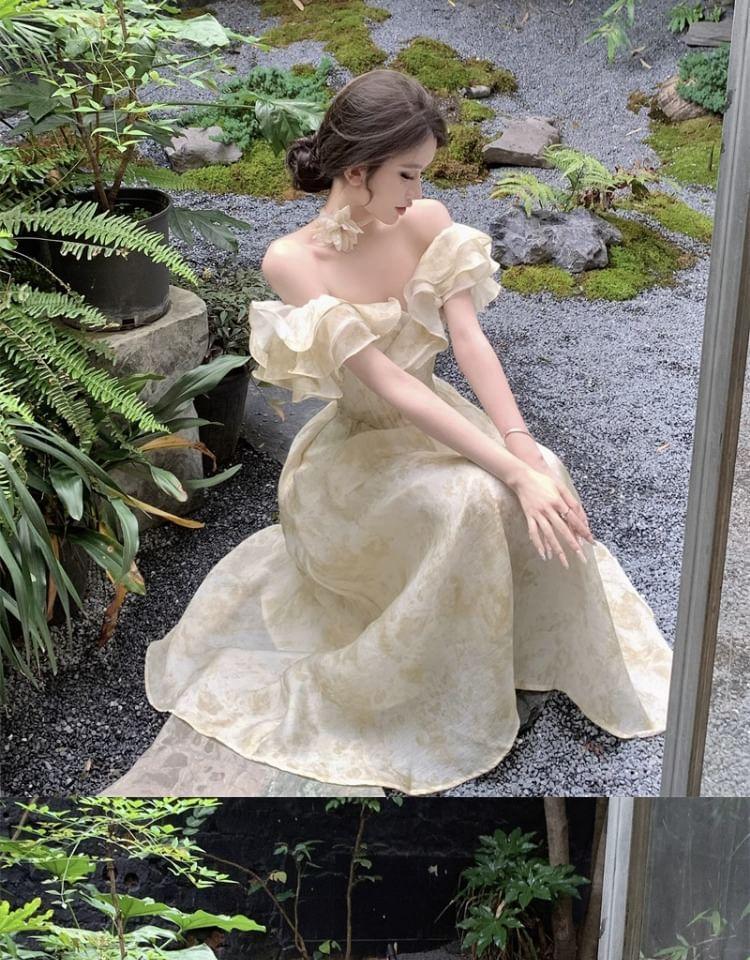 Off-Shoulder Ruffle Trim Half-Button Midi A-Line Dress Product Image