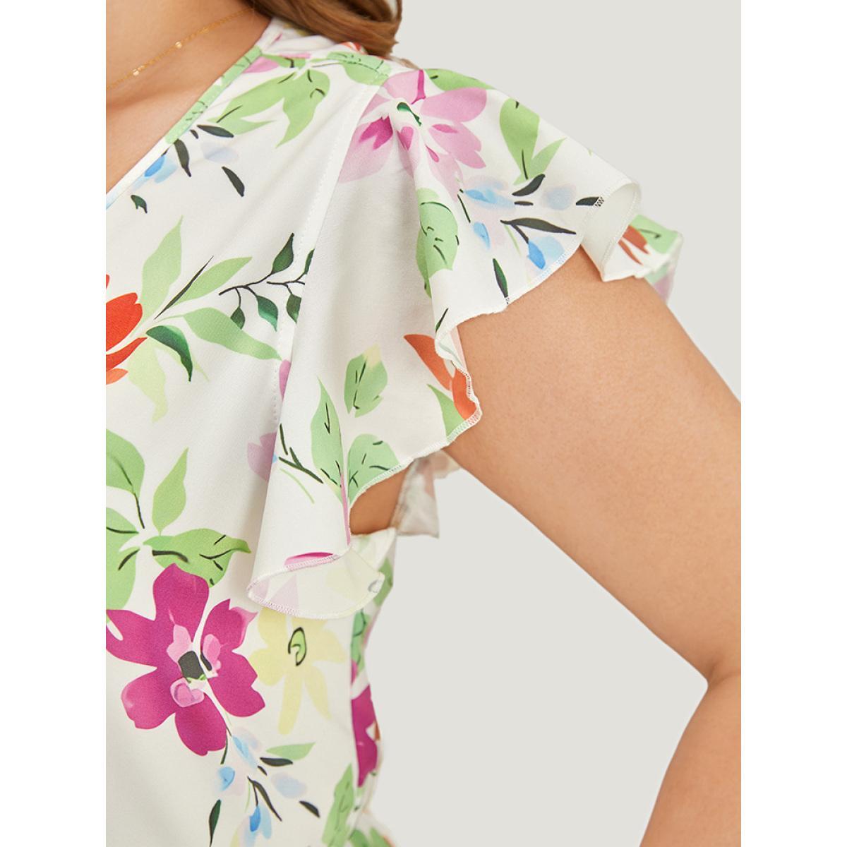 Plus Size Floral Knot Neck Pocket Cap Sleeve Ruffle Trim Dress Multicolor Women Elegant Knotted V-neck Cap Sleeve Curvy Midi Dress BloomChic 26/4X Product Image