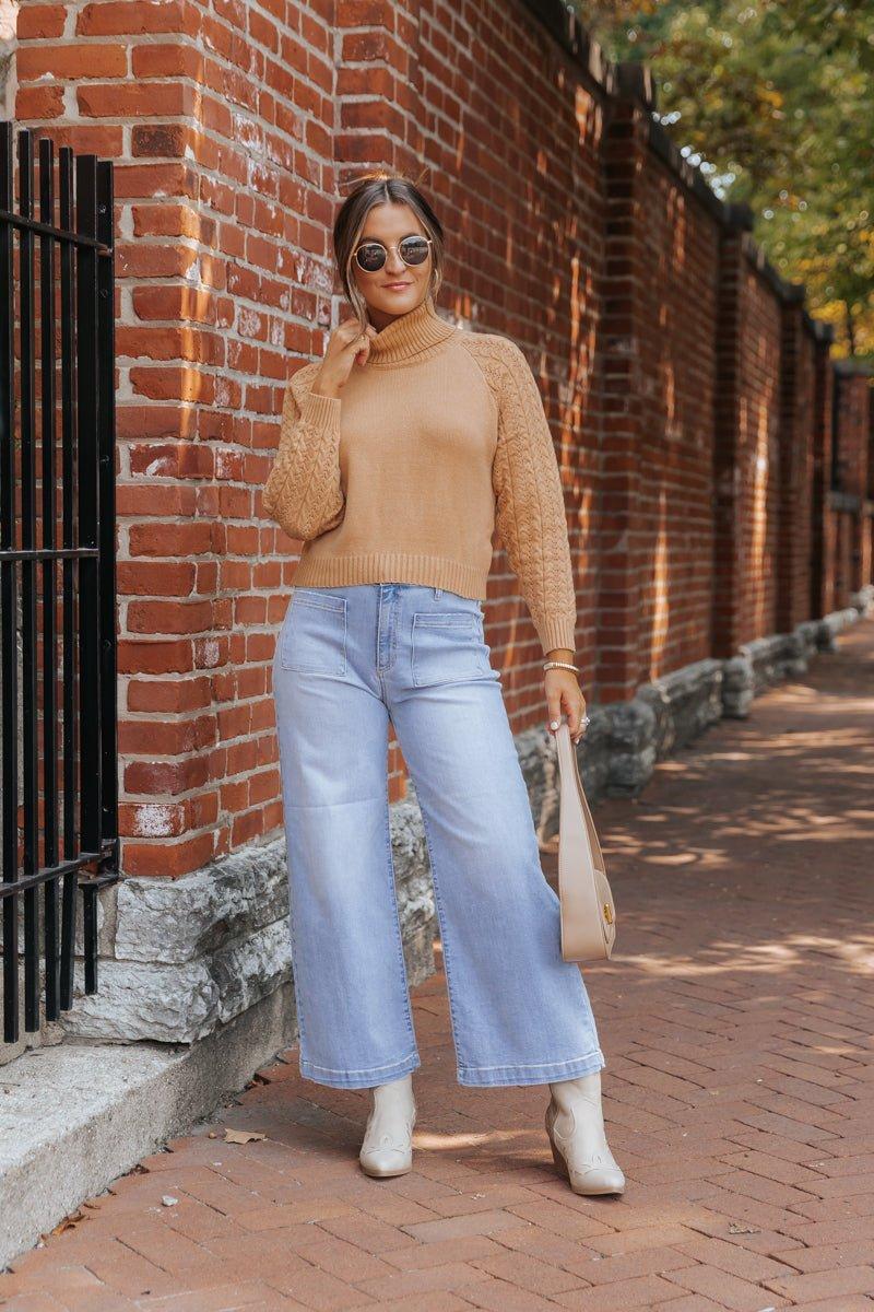 Camel Cable Knit Sleeve Turtleneck Sweater - FINAL SALE Female Product Image