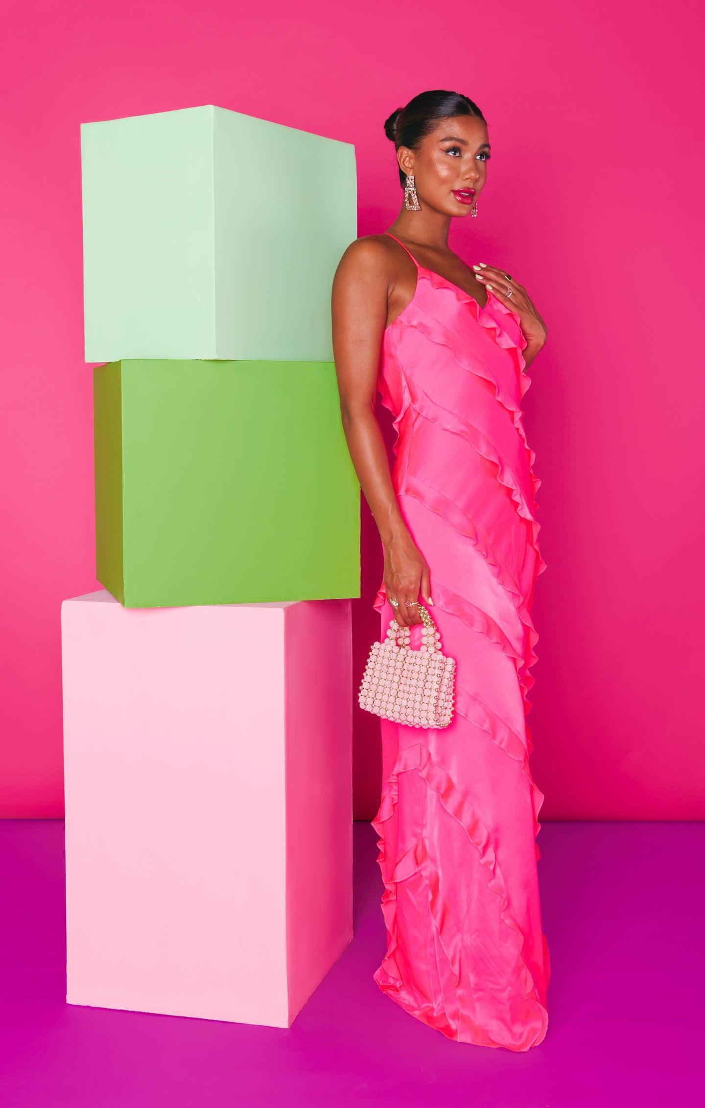 Romance Ruffle Dress ~ Vivid Pink Luxe Satin Product Image