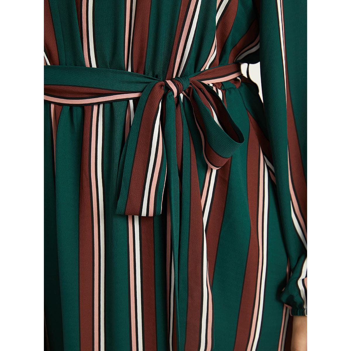 Plus Size Striped Contrast Crew Neck Belted Dress Multicolor Women Office Elastic cuffs Round Neck Long Sleeve Curvy Midi Dress BloomChic 10/M Product Image