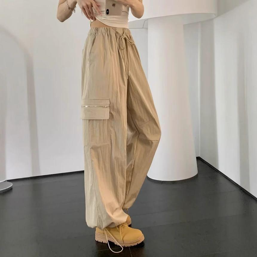 Drawstring Waist Plain Wide Leg Cargo Pants Product Image